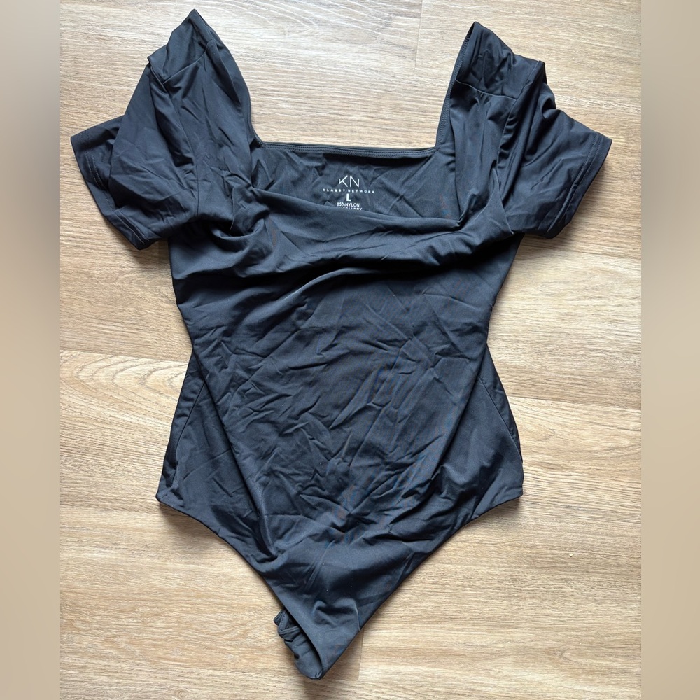 Klassy Network Black Short Sleeve Bodysuit Square Neck  Built in Bra
